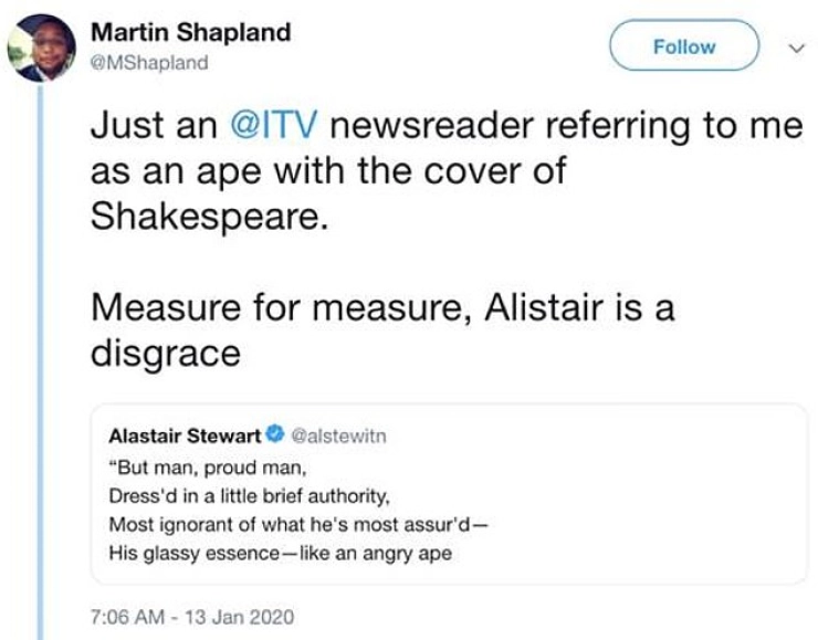 Shakespeare-citaat na Twitter-ruzie kost ITV-nieuwslezer zijn baan
