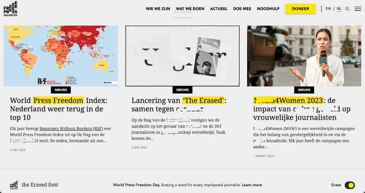 Free Press Unlimited vraagt aandacht voor censuur met lettertype dat woorden wist