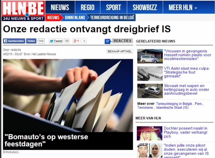 Krant HLN ontvangt ‘dreigbrief IS’