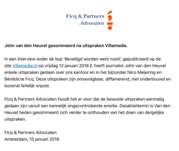 Advocaten Ficq & Partners niet blij met uitspraken Van den Heuvel