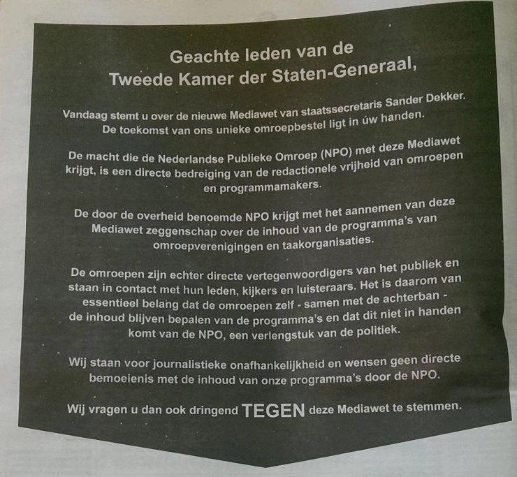 Oproep: stem tegen nieuwe Mediawet