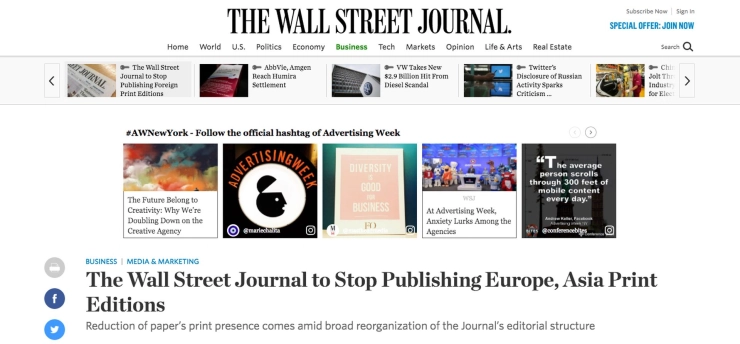 Wall Street Journal schrapt Europese en Aziatische edities